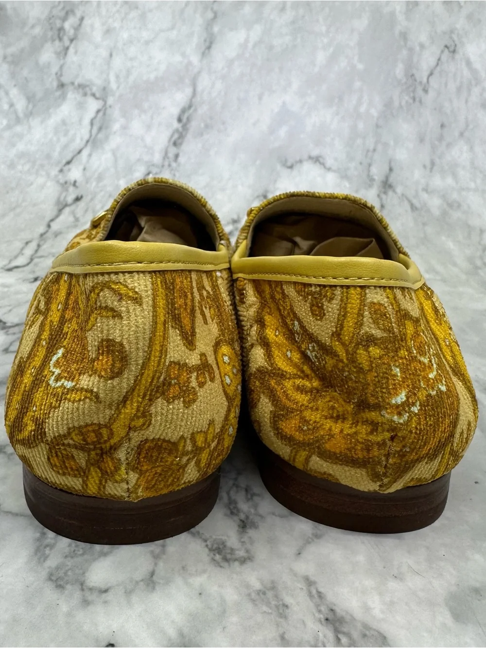 Delman Mustard Floral Canvas Loafers with Gold Bit